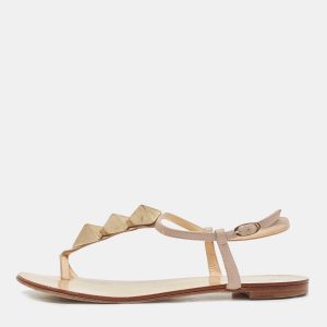 Giuseppe Zanotti Dusty Pink Leather Studded T-Strap Toe Ring Flat Sandals Size 39, Sandals - Luxury Closet