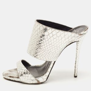 Giuseppe Zanotti Silver Python Embossed Leather Andrea Sandals Size 38.5, Sandals - Luxury Closet