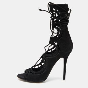 Giuseppe Zanotti Black Suede Cut Out Strappy High Peep Toe Sandals Size 38.5, Sandals - Luxury Closet