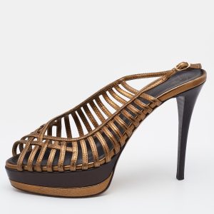 Giuseppe Zanotti Gold/Brown Leather Strappy Platform Sandals Size 39, Sandals - Luxury Closet