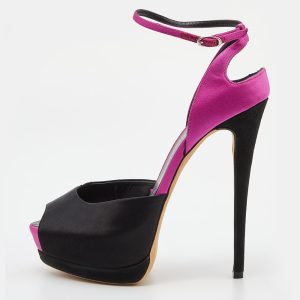 Giuseppe Zanotti Black/Pink Satin and Suede Peep Toe Platform Ankle Sandals Size 38, Sandals - Luxury Closet