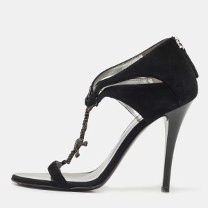 Giuseppe Zanotti Black Suede Crystal Embellished T-Strap Sandals Size 37, Sandals - Luxury Closet