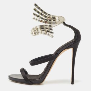 Giuseppe Zanotti Black Satin Crystal Embellished Vera Ankle Cuff Platform Sandals Size 37.5, Sandals - Luxury Closet