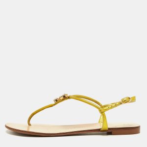 Giuseppe Zanotti Metallic Leather Crystal Embellished Thong Flat Sandals Size 37.5, Sandals - Luxury Closet