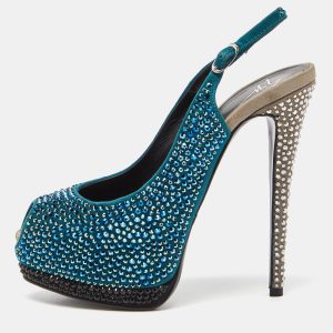 Giuseppe Zanotti Tri Color Suede Crystal Embellished Peep Toe Platform Slingback Sandals Size 37.5, Sandals - Luxury Closet