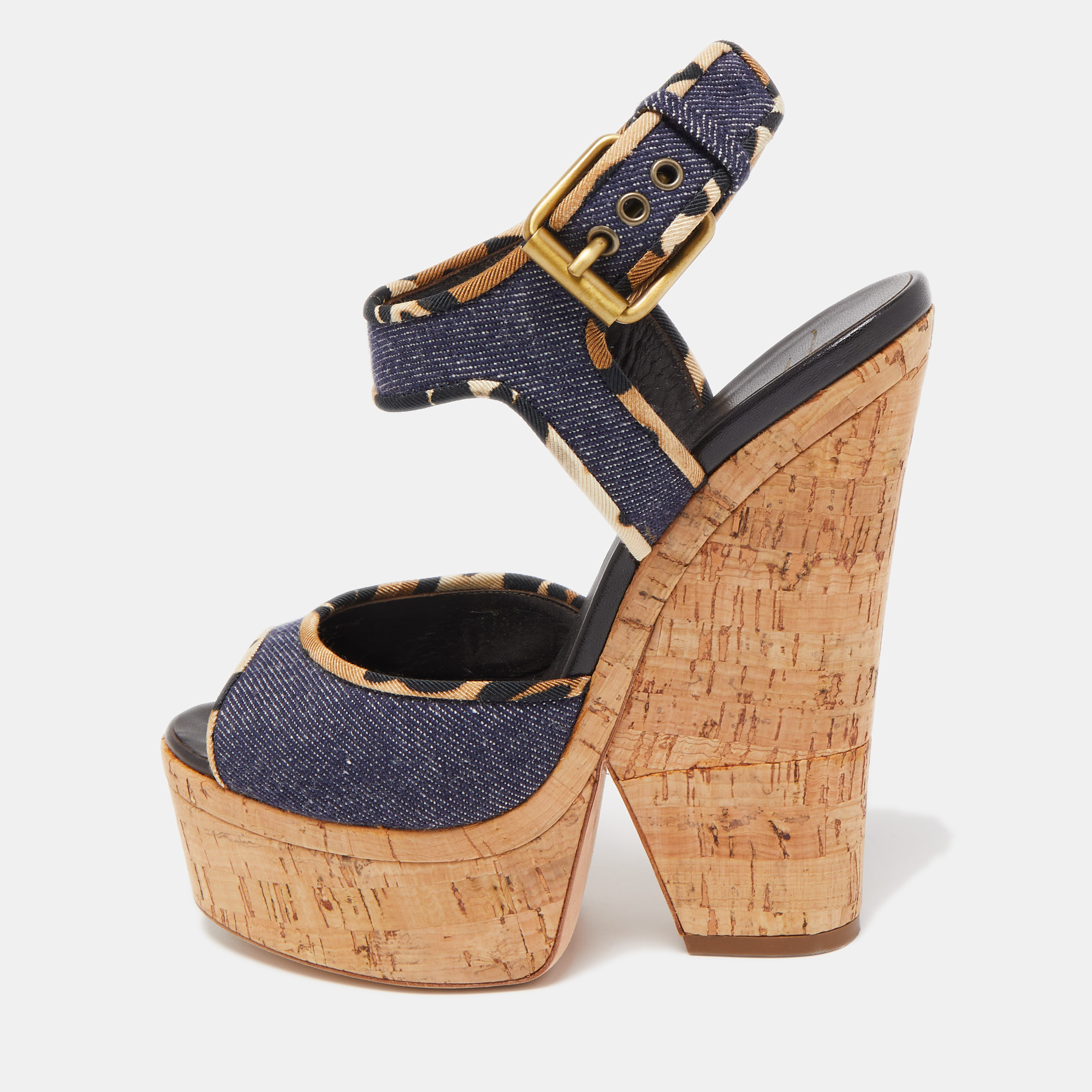 Giuseppe Zanotti Dark Wash Denim Cork Heel Platform Wedge Sandals Size 37.5, Sandals - Luxury Closet