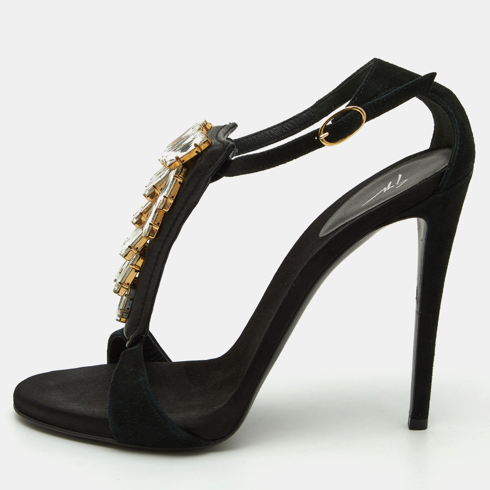 Giuseppe Zanotti Black Suede Crystal Embellished Ankle Strap Sandals Size 38, Sandals - Luxury Closet