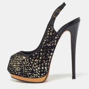 Guiseppe Zannotti Black/Gold Sequins and Velvet Peep Toe Slingback Platform Sandals Size 37, Sandals - Luxury Closet