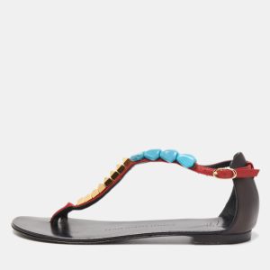Giuseppe Zanotti Red/Black Leather Turquoise Beaded Ankle Strap Thong Sandals Size 38, Sandals - Luxury Closet