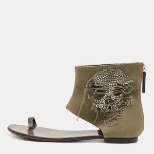 Giuseppe Zanotti Green Canvas Skull Crystal Embellished Toe Ring Zipper Flats Size 36, Sandals - Luxury Closet