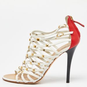 Giuseppe Zanotti White/Red Leather Embellished Strappy Sandals Size 38.5, Sandals - Luxury Closet