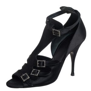Givenchy Black Satin Cystal Buckle Embellished T-Strap Open Toe Sandals Size 38, Sandals - Luxury Closet