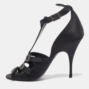 Givenchy Black Satin Crystal Buckle Embellished T Strap Open Toe Sandals Size 38, Sandals - Luxury Closet