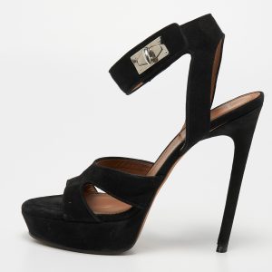 Givenchy Black Suede Shark Lock Ankle Strap Sandals Size 39, Sandals - Luxury Closet