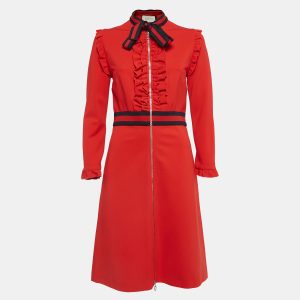 Gucci Red Jersey Tie Neck Ruffled Dress L, Dresses - Luxury Closet catalog