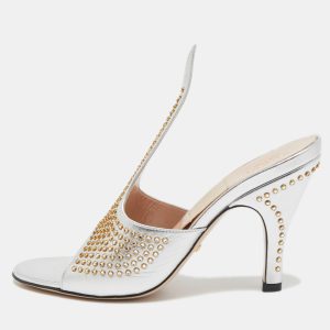 Gucci Silver Leather Studded Cone Slide Sandals Size 36.5, Sandals - Luxury Closet