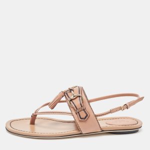 Gucci Brown Leather T-Strap Flat Sandals Size 37.5, Sandals - Luxury Closet