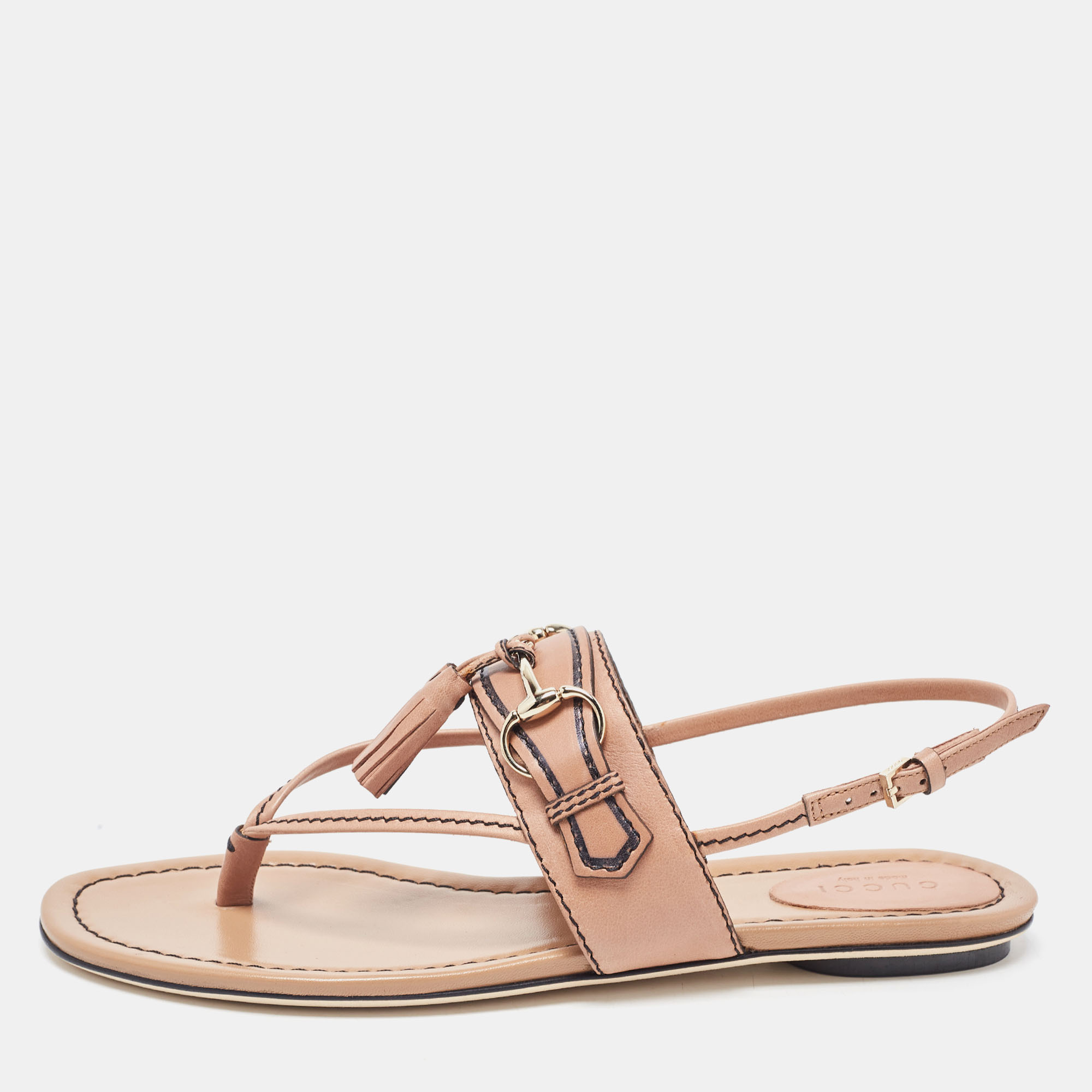 Gucci Brown Leather T-Strap Flat Sandals Size 37.5, Sandals - Luxury Closet