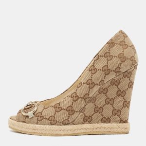 Gucci Beige GG Canvas Charlotte Horsebit Wedge Peep Toe Espadrille Pumps Size 38.5, Pumps - Luxury Closet catalog