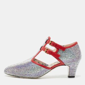 Gucci Metallic/Red Crystal Embellished Fabric and Leather T-Bar Pumps Size 40.5, Pumps - Luxury Closet