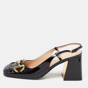 Gucci Black Patent Leather Horsebit Slingback  Pumps Size 37.5, Pumps - Luxury Closet catalog