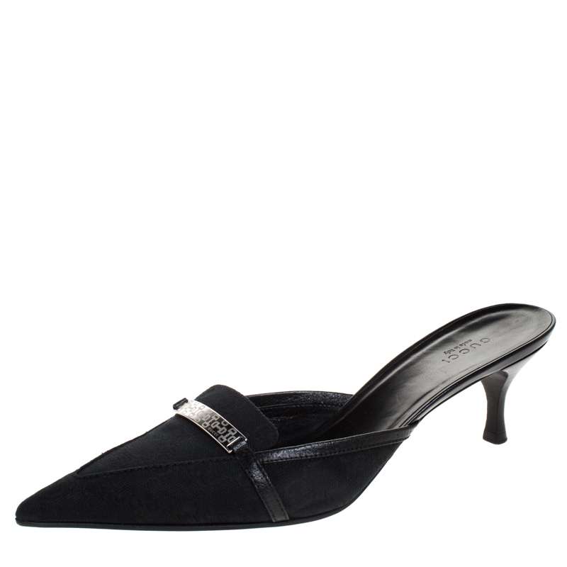 Gucci Black GG Canvas Pointed Toe Mules Size 39.5, Sandals - Luxury Closet