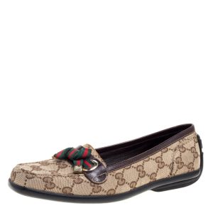 Gucci Beige/Brown GG Canvas and Leather Web Bow Detail Loafers Size 35.5, Loafers & Slip-Ons - Luxury Closet catalog