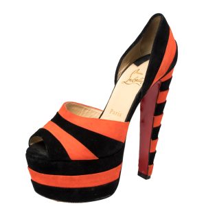 Christian Louboutin Black/Orange Suede Striped Platform Peep Toe Sandals Size 36, Sandals - Luxury Closet