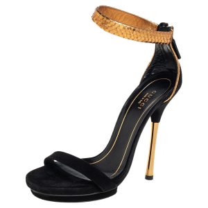 Gucci Black/Gold Suede And Python Kelis Ankle Strap Sandals Size 36, Sandals - Luxury Closet