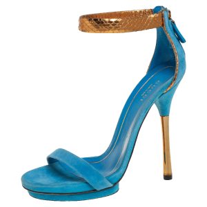 Gucci Blue/Gold Suede and Python Leather Kelis Ankle Strap Platform Sandals Size 36, Sandals - Luxury Closet