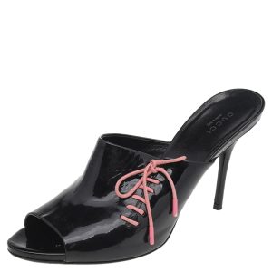 Gucci Black Patent Leather Lace Up Detail Peep Toe Mules Size 39, Sandals - Luxury Closet