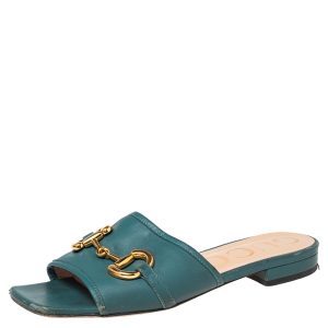 Gucci  Blue Leather Horsebit  Flat Sandals Size 37, Sandals - Luxury Closet