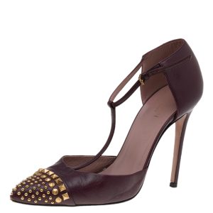 Gucci Burgundy Leather Coline Studded T Strap Pumps Size 38, Sandals - Luxury Closet