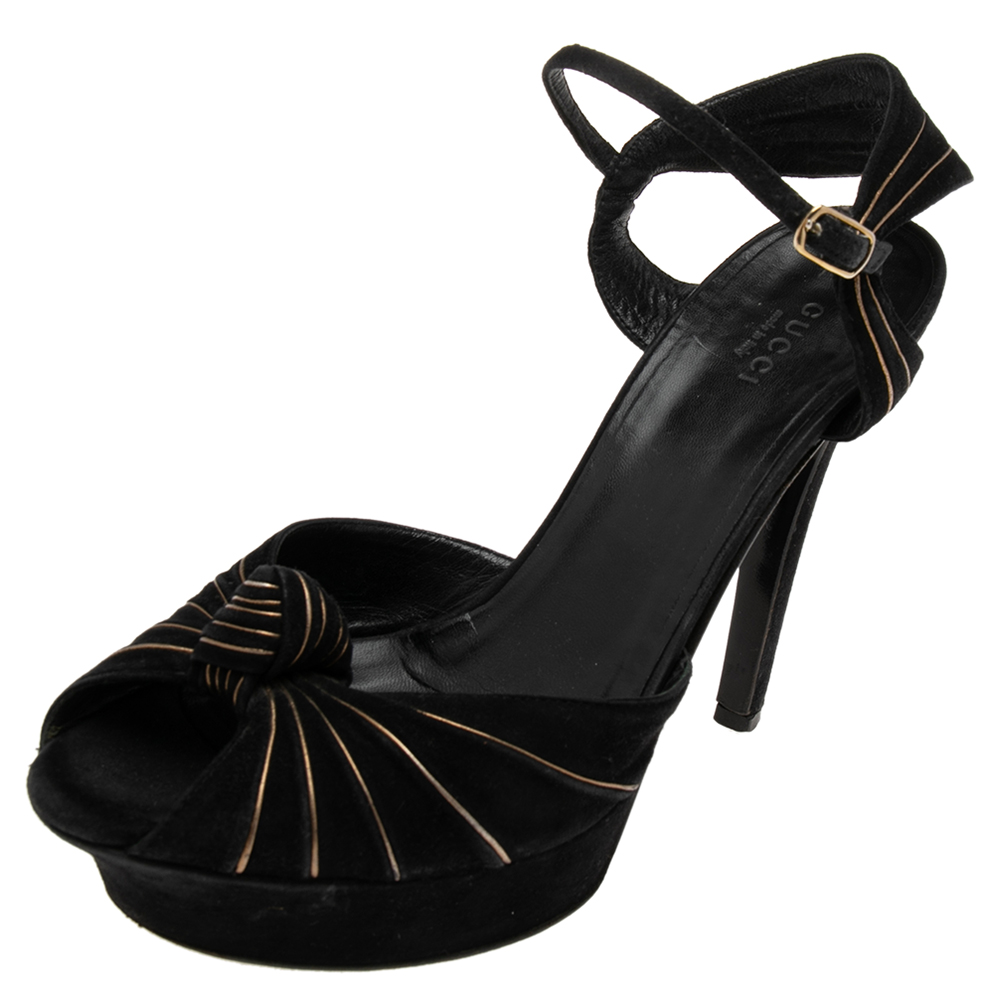 Gucci Black Suede Knot Detail Peep Toe Platform Sandals Size 38.5, Sandals - Luxury Closet