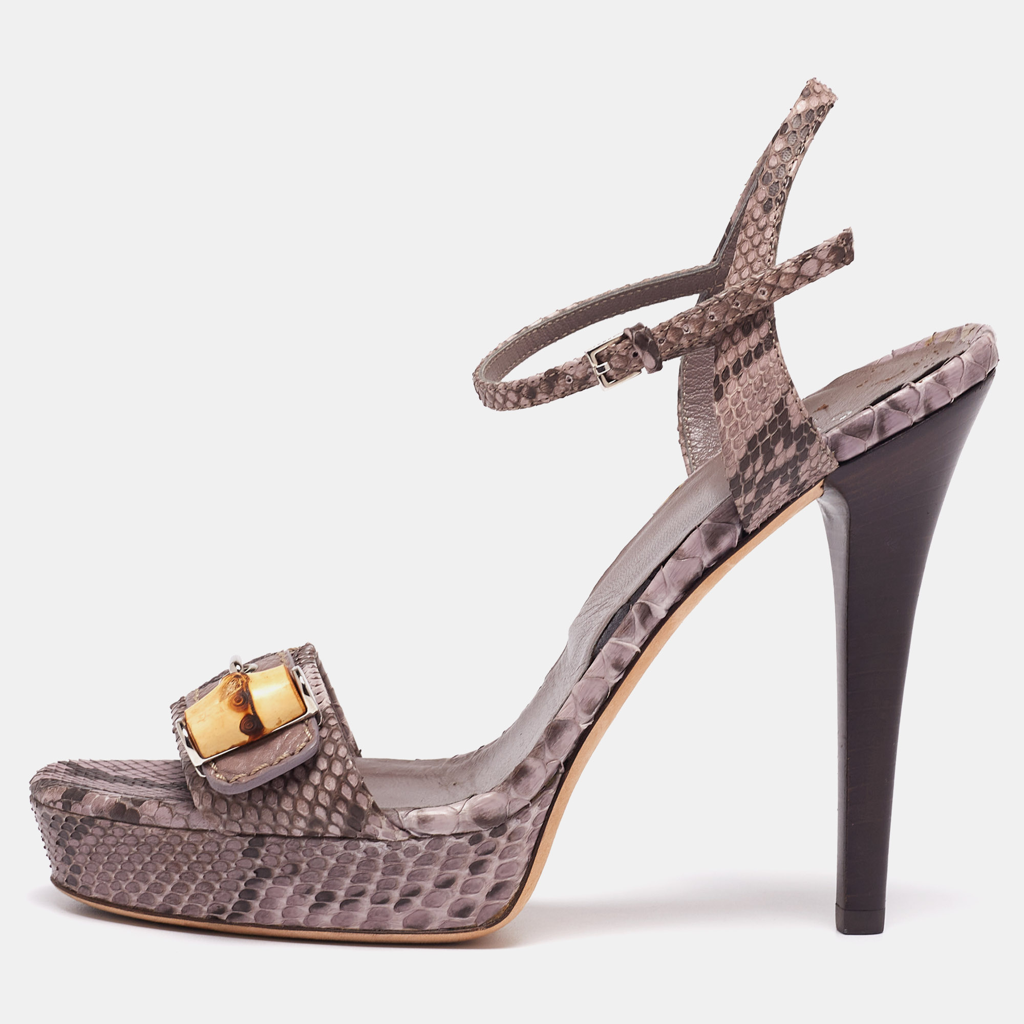 Gucci Purple/Brown Python Leather Bamboo Ankle Straps Platform Sandals Size 37, Sandals - Luxury Closet catalog