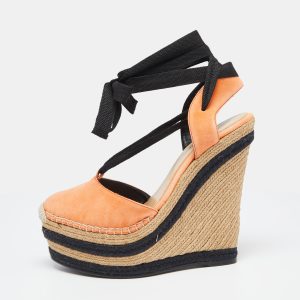 Gucci Orange/Black Suede Wedge Espadrille Sandals Size 36, Sandals - Luxury Closet