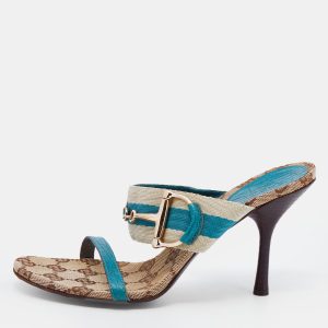 Gucci Turquoise Blue/Off White Leather And Web Tape Slide Sandals Size 36, Sandals - Luxury Closet