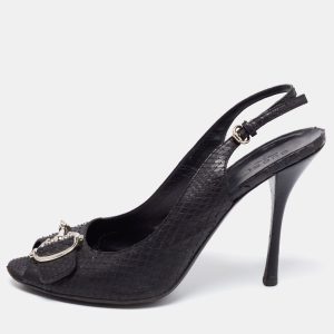 Gucci Black Python Leather Icon Bit Peep-Toe Slingback Sandals Size 39.5, Sandals - Luxury Closet