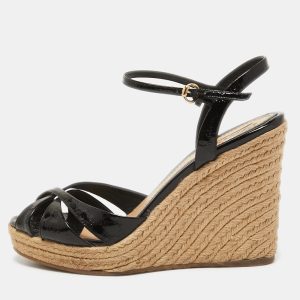 Gucci Black Micro Guccissima Patent Leather Penelope Espadrille Wedge Sandals Size 38.5, Sandals - Luxury Closet