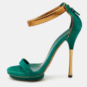 Gucci Green/Gold Suede and Snakeskin Leather Ankle Strap Sandals Size 37.5, Sandals - Luxury Closet