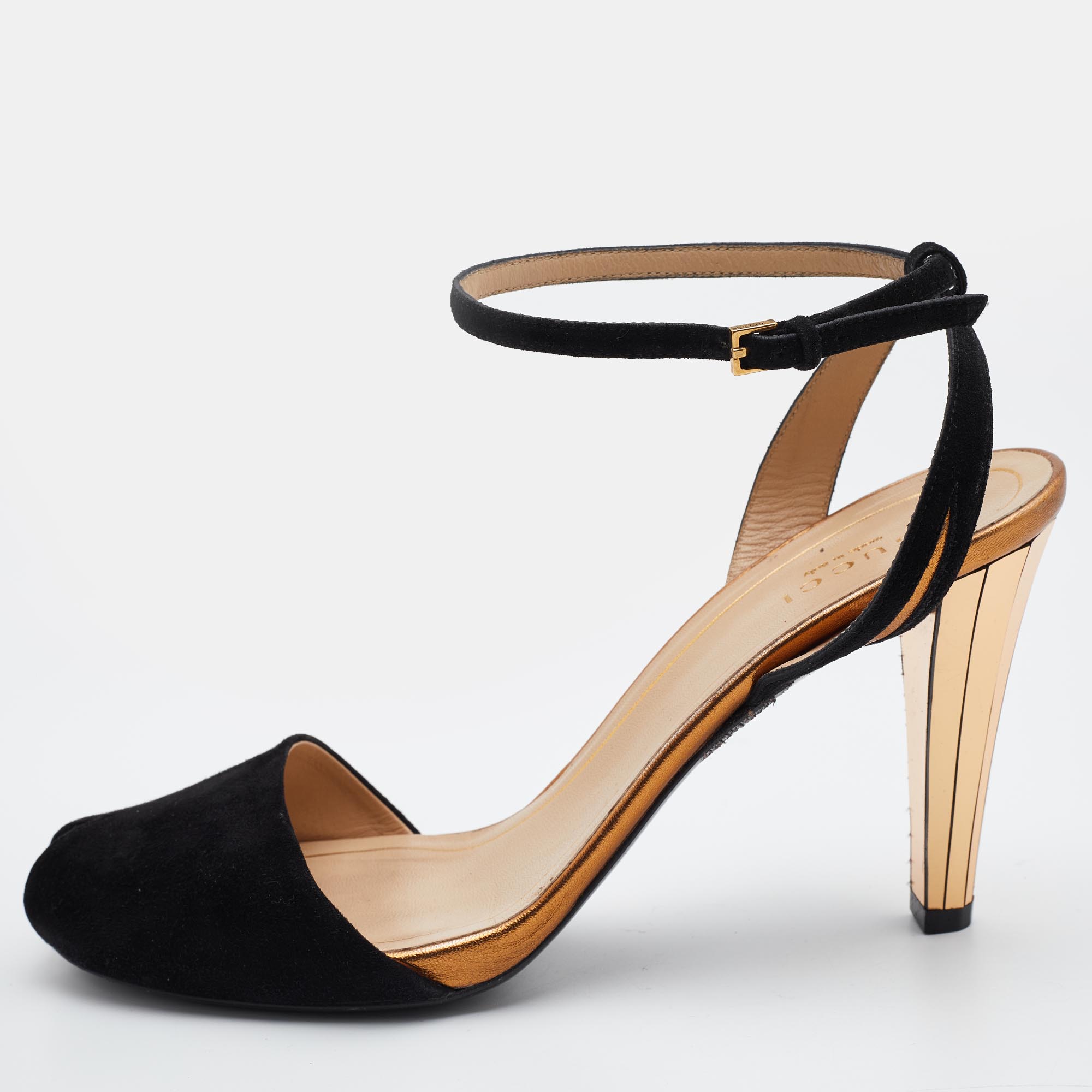 Gucci Black Suede Ankle Strap Peep Toe Sandals Size 37.5, Sandals - Luxury Closet