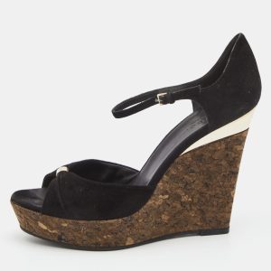 Gucci Black Suede Cork Wedge Platform Ankle Strap Sandals Size 37.5, Sandals - Luxury Closet