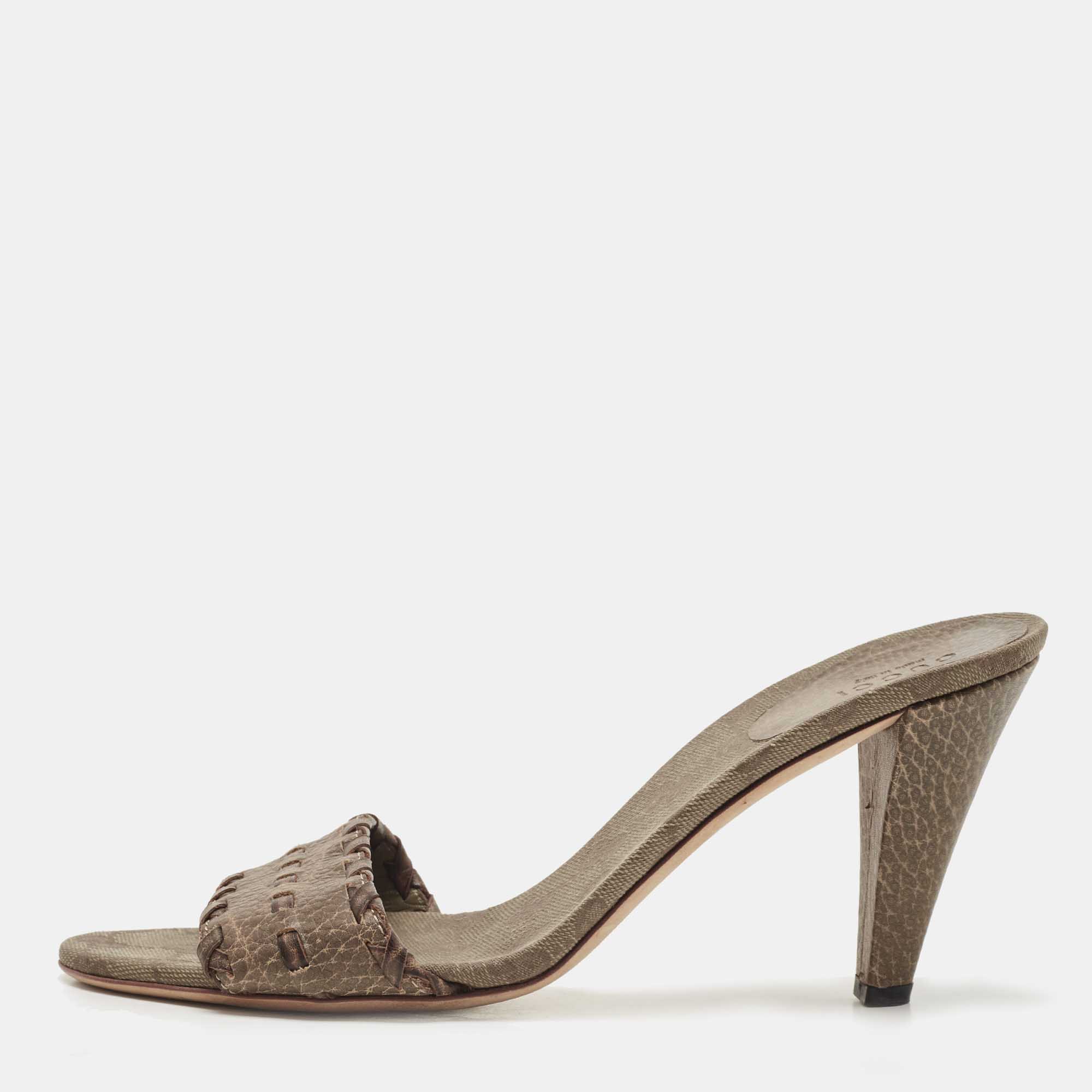 Gucci Brown Leather and GG Canvas Slides Size 39, Sandals - Luxury Closet