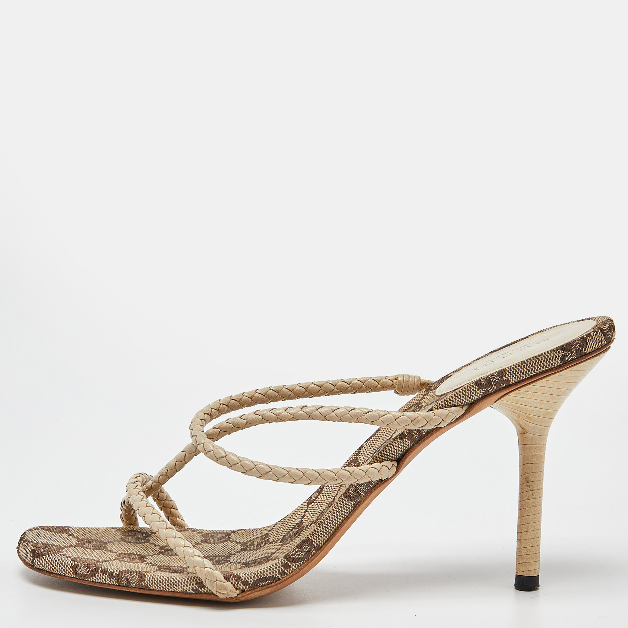 Gucci Cream Braided Leather Cross Strap Slide Sandals Size 38.5, Sandals - Luxury Closet