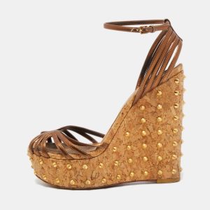 Gucci Metallic Leather Studded Cork Wedge Platform Strappy Sandals Size 38, Sandals - Luxury Closet