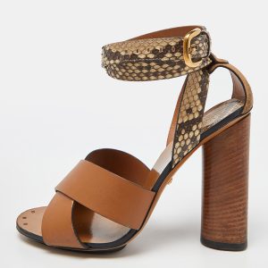 Gucci Brown Python and Leather Crisscross Ankle Strap Sandals Size 35, Sandals - Luxury Closet