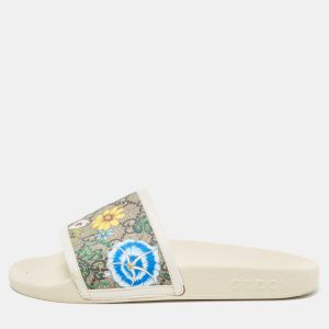 Gucci Cream/Brown GG Supreme Canvas Blooms Flat Slides Size 37, Sandals - Luxury Closet