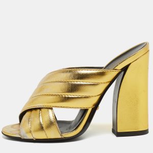 Gucci Metallic Gold Leather  Webby Slide Sandals Size 38, Sandals - Luxury Closet