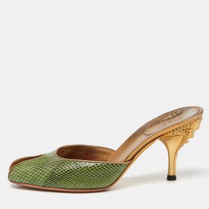 Gucci Green Embossed Snakeskin Peep Toe Mules Size 36, Sandals - Luxury Closet