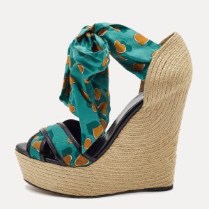 Gucci Multicolor Printed Fabric and Patent Espadrille Wedge Ankle Wrap Sandals Size 41, Sandals - Luxury Closet